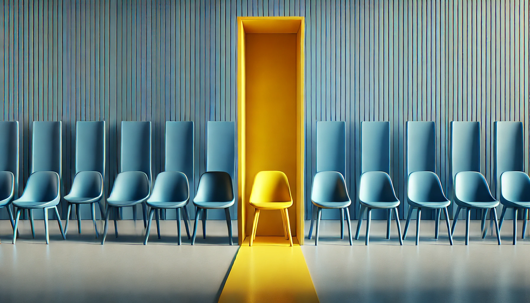 Row of blue chairs with one yellow chair highlighted